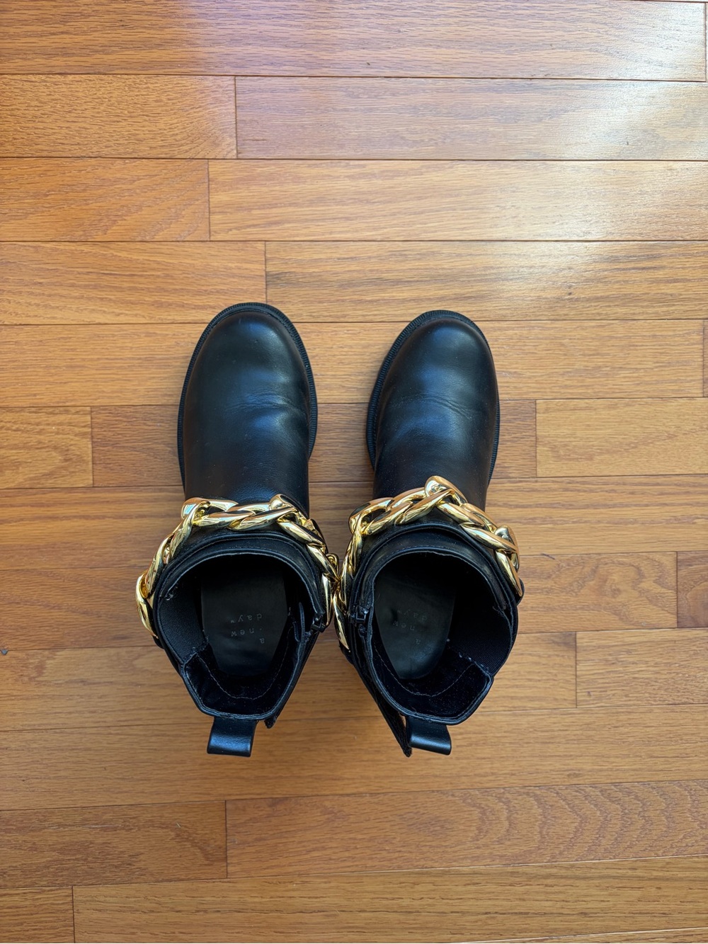 Black Platform Ankle Chelsea Boots with Gold Chain Accent - Picture 4 of 5